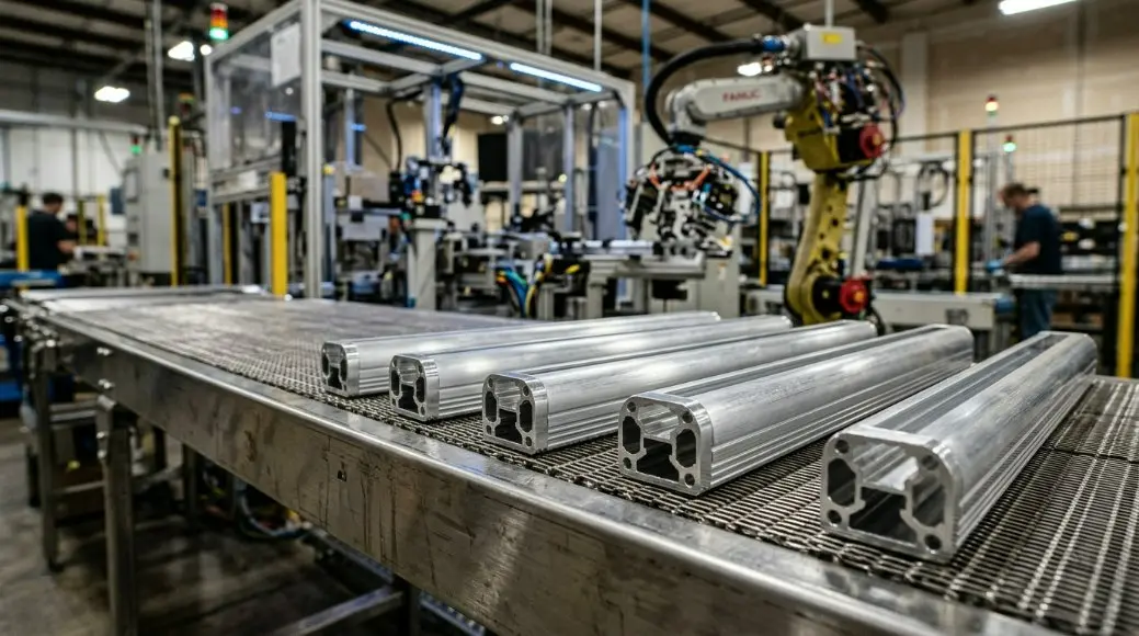 High-tech manufacturing line producing precision-extruded aluminum LED T5 tube housings for the American market.