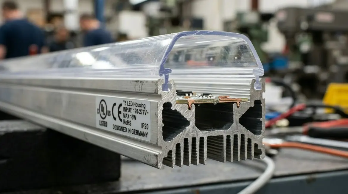 A cross-section of a T5 tube housing showing the aluminum heat sink and the high-transmittance polycarbonate cover with UL safety marks.